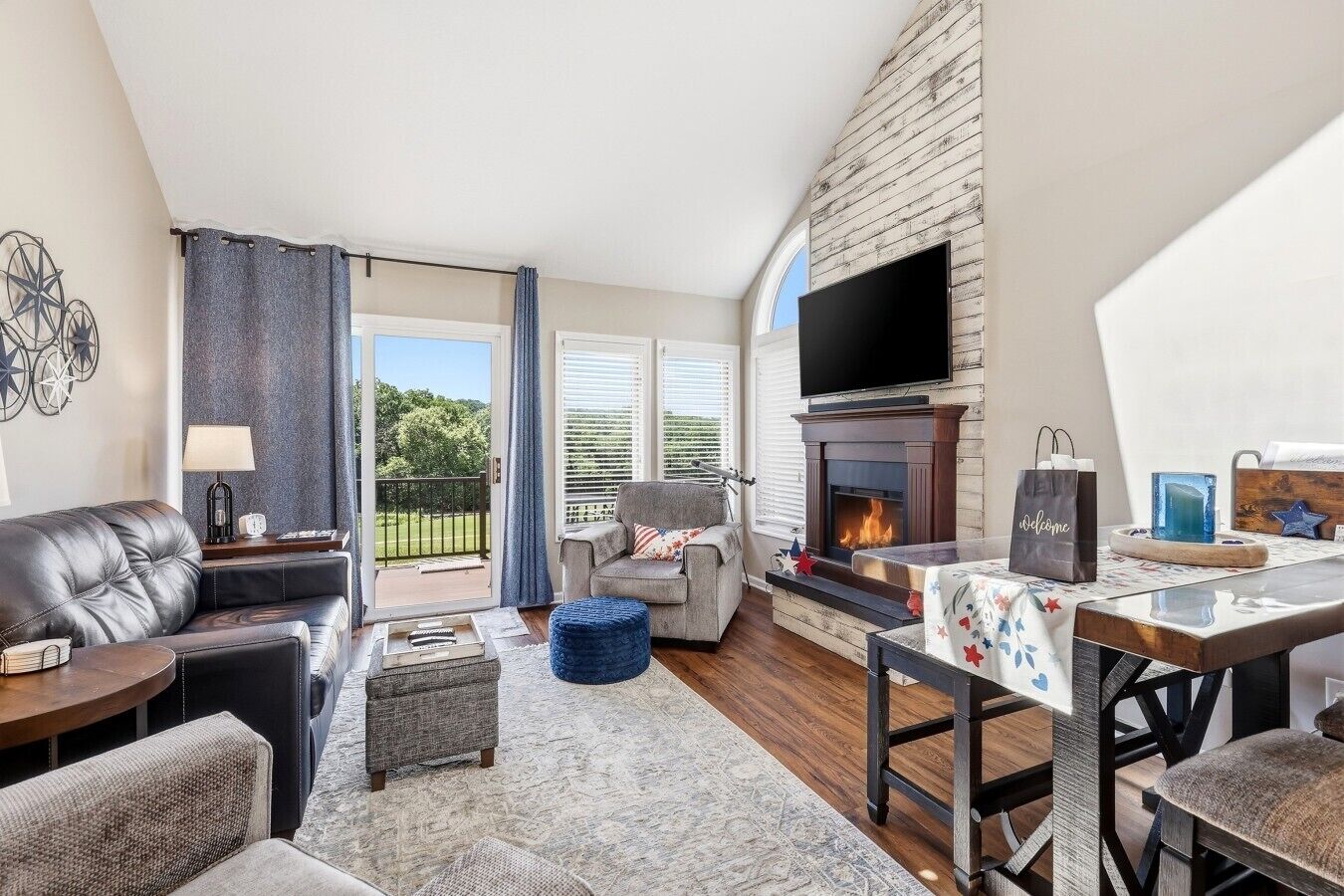 Smart TV, fireplace, books