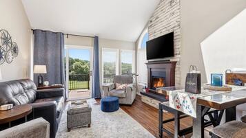Smart TV, fireplace, books