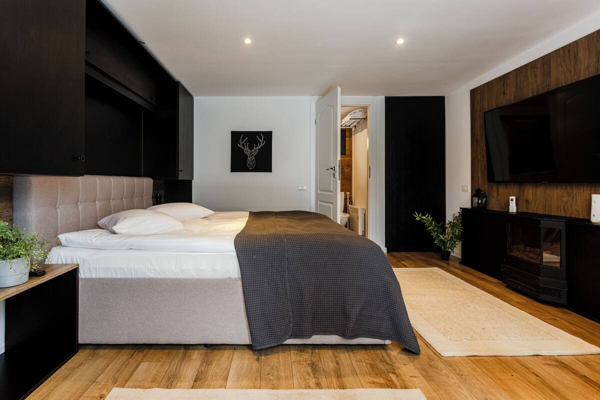 A modern bedroom with a large bed, a television, a fireplace, and a door leading to another room.