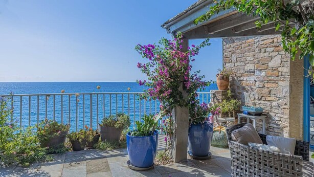 A terrace with potted plants, wicker furniture, and a stone wall overlooking the sea. - Casetta Ricci - Les Azedarachs II (Brando)