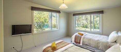 A bedroom with two beds, a television, and large windows.