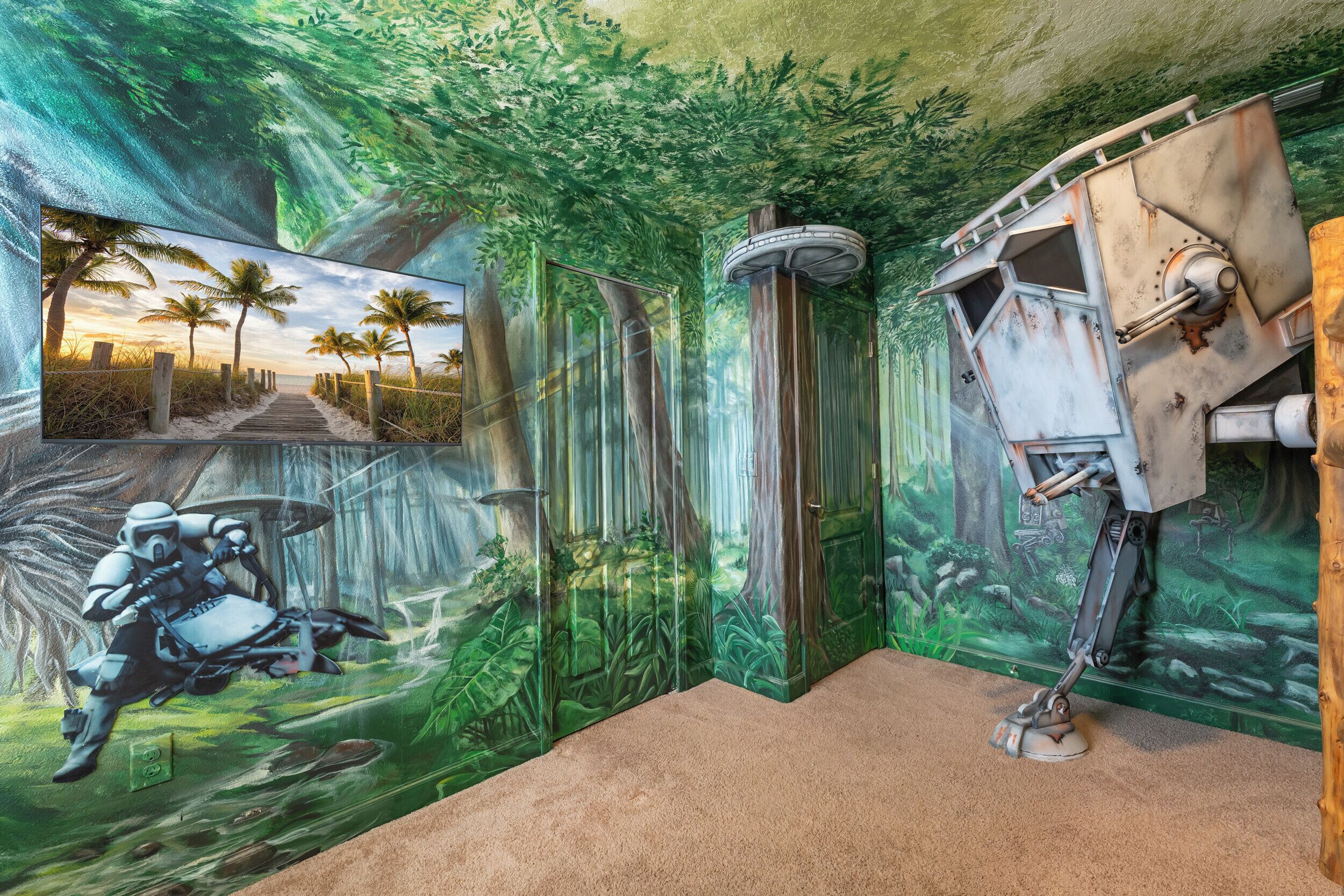A room with a mural of a forest scene, a pathway leading to a beach, and a futuristic robot.