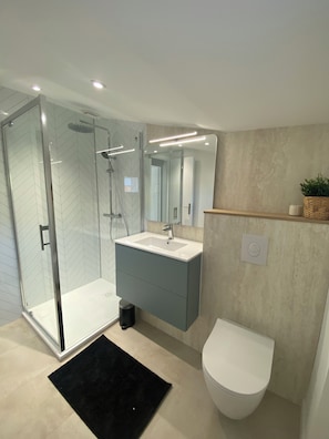 Shower, hair dryer, towels, soap