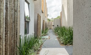 Un estrecho pasillo con suelo de hormigón, flanqueado por listones de madera verticales y plantas verdes.