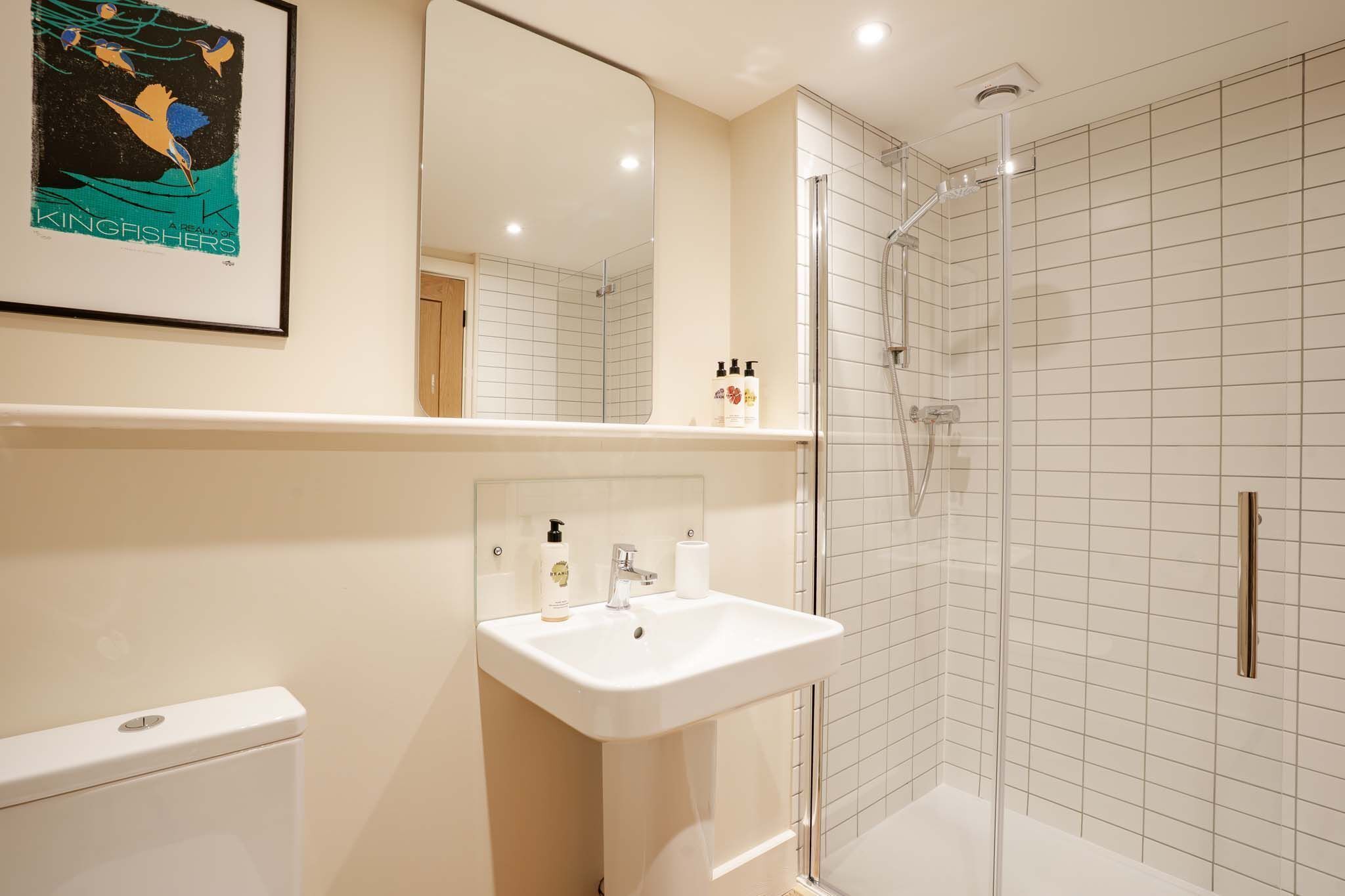 A modern bathroom with a white sink, mirror, and toilet.