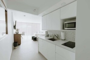 Fridge, microwave, stovetop, coffee/tea maker