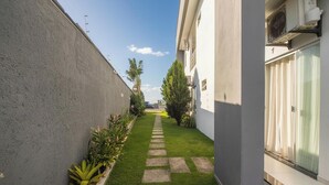 A narrow, paved pathway leading to a building entrance, flanked by a low wall and potted plants.