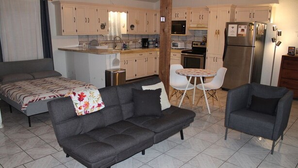 A compact living space with a sofa, a chair, a bed, a small table, and a kitchenette. - Historic Cozy Cabin Downtown Del Rio (Del Rio)