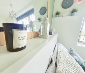 Hair dryer, towels, soap, toilet paper