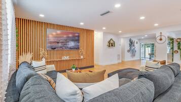 Luxury Villa, 4 Bedrooms, Private Pool, Garden View | Living room | 75-inch Smart TV with cable channels, Netflix, streaming services