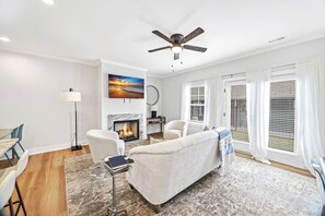 TV, fireplace, books