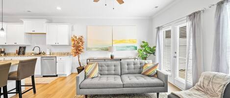 TV, fireplace, books