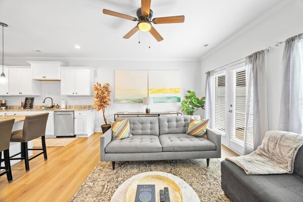 TV, fireplace, books