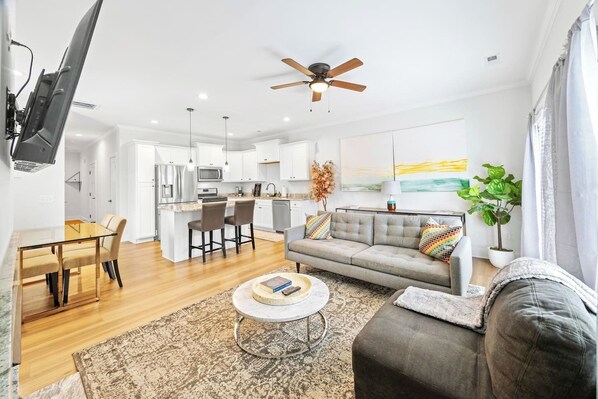 TV, fireplace, books