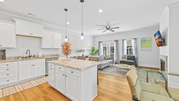 TV, fireplace, books