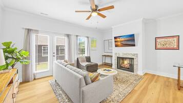 TV, fireplace, books