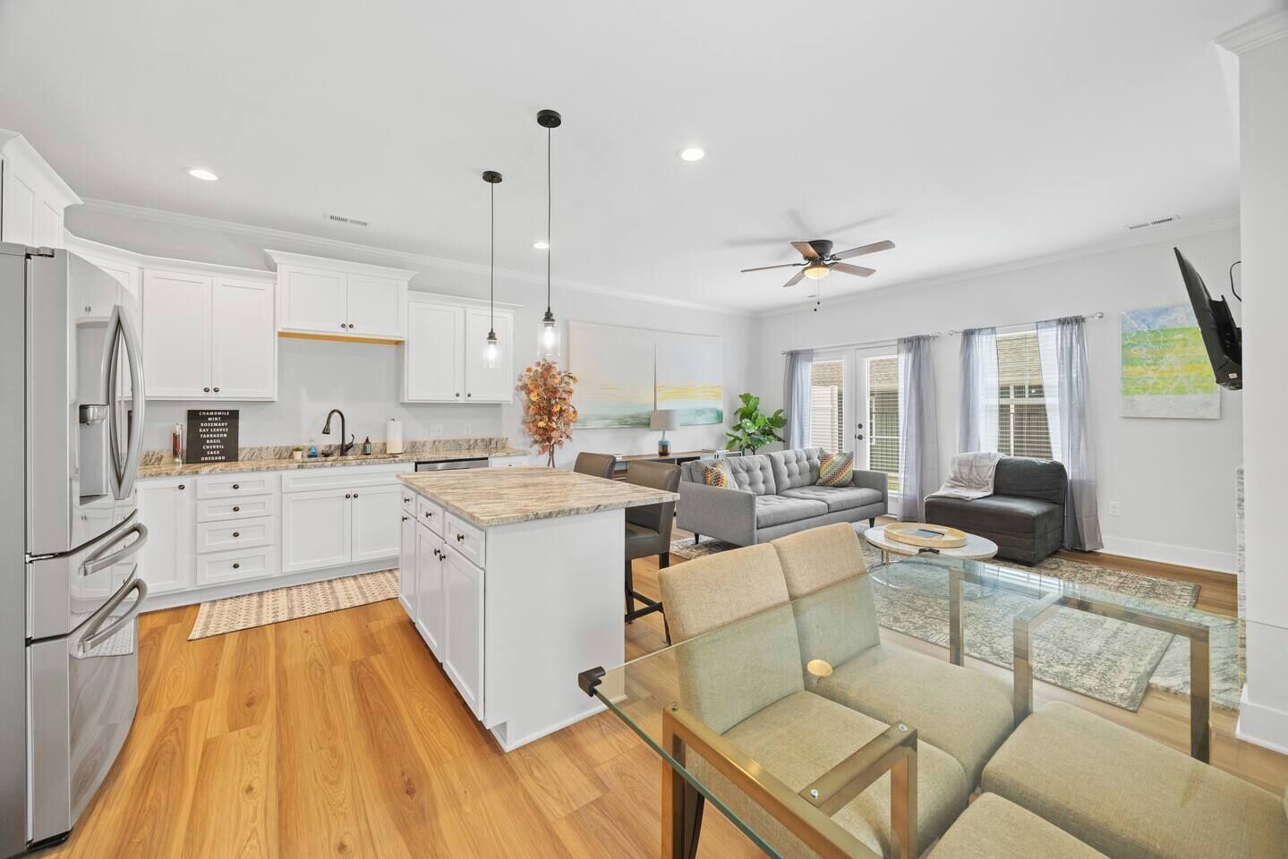 TV, fireplace, books