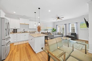 TV, fireplace, books