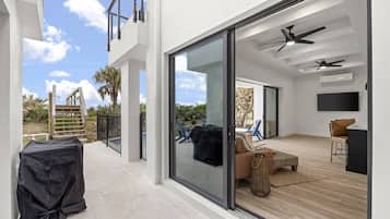 Smart TV, fireplace, books