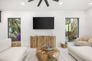 TV connectée, cheminée, livres