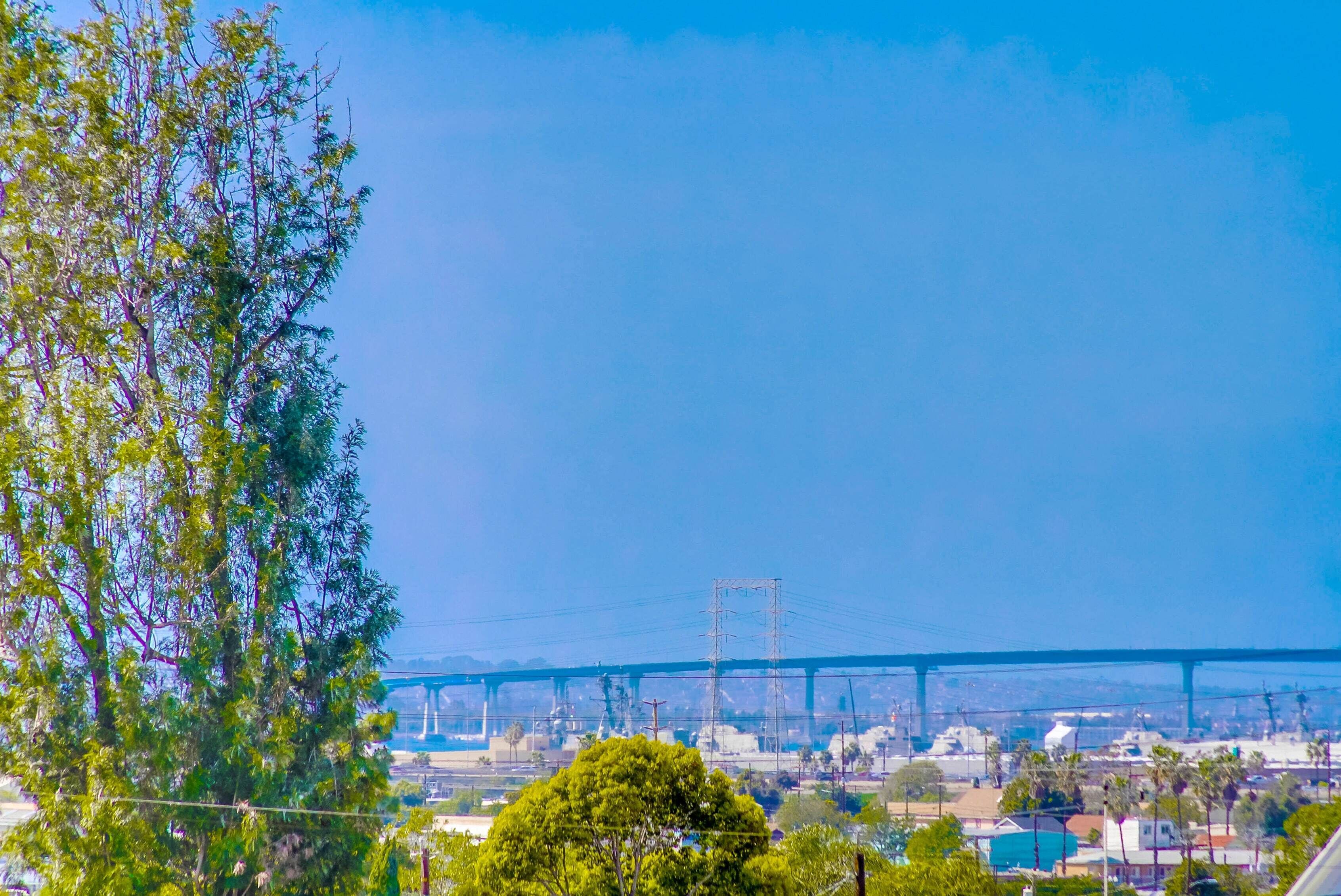 Blick auf eine Brücke, bewölkter Himmel und Grün im Vordergrund.