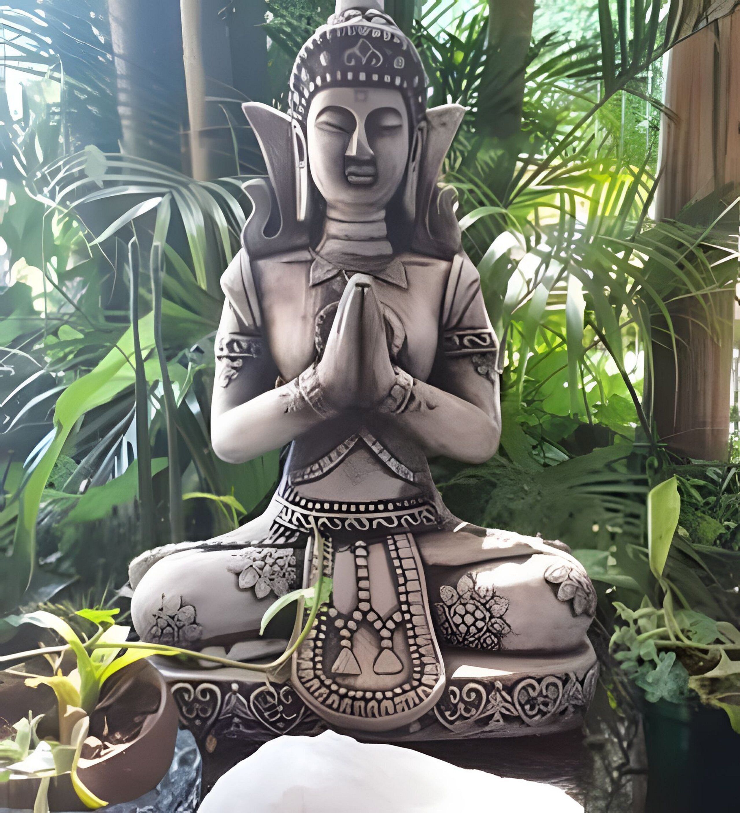 Eine Statue einer sitzenden Figur mit in Gebet gefassten Händen, umgeben von üppigem Grün.