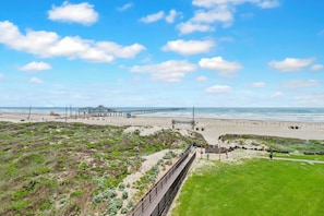Una spiaggia costiera con una passerella in legno, un molo e una zona erbosa.