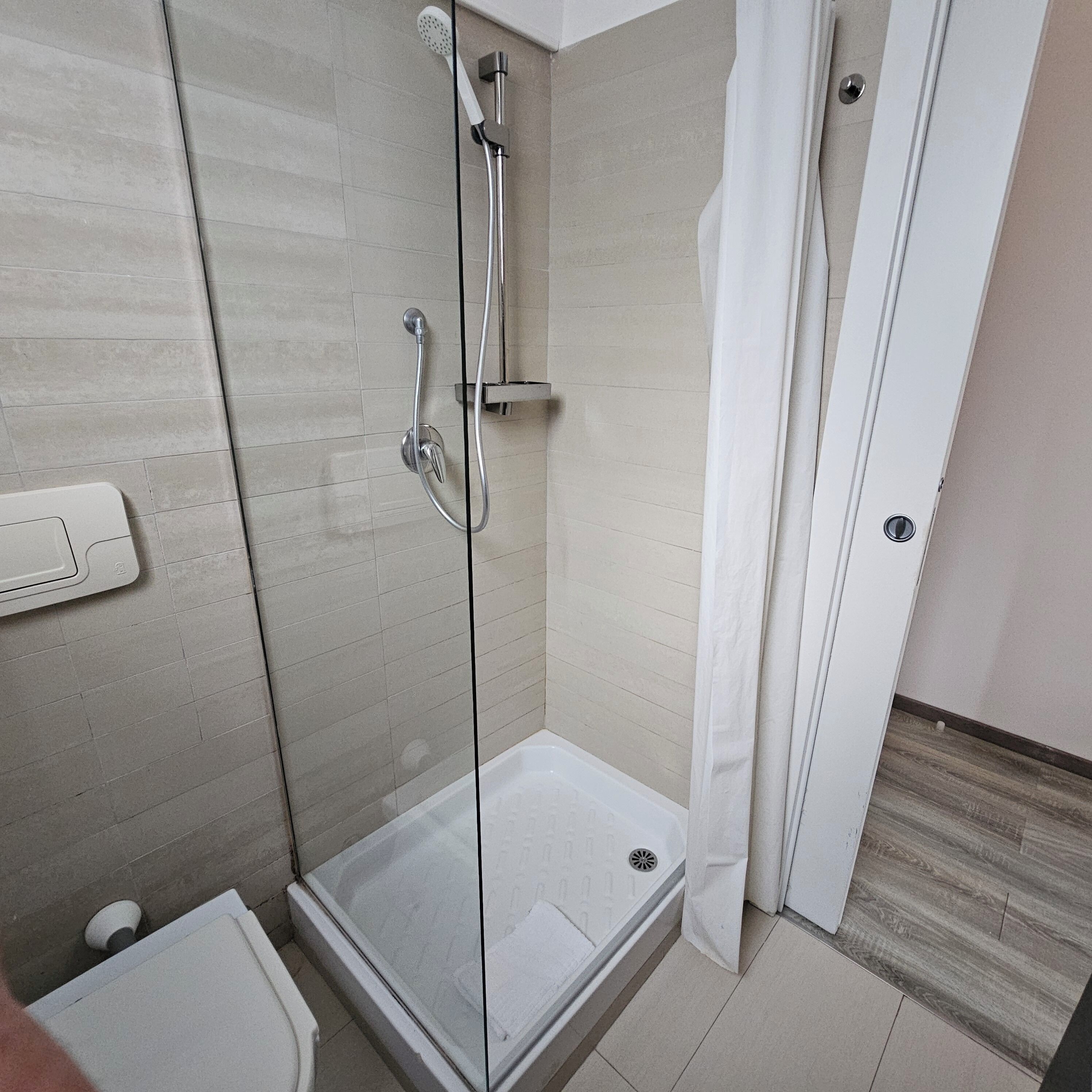 A modern bathroom with a glass-enclosed shower, a toilet, and a shower curtain.