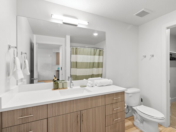 Hair dryer, towels, soap, shampoo