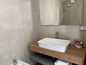 Shower, hair dryer, bidet, towels