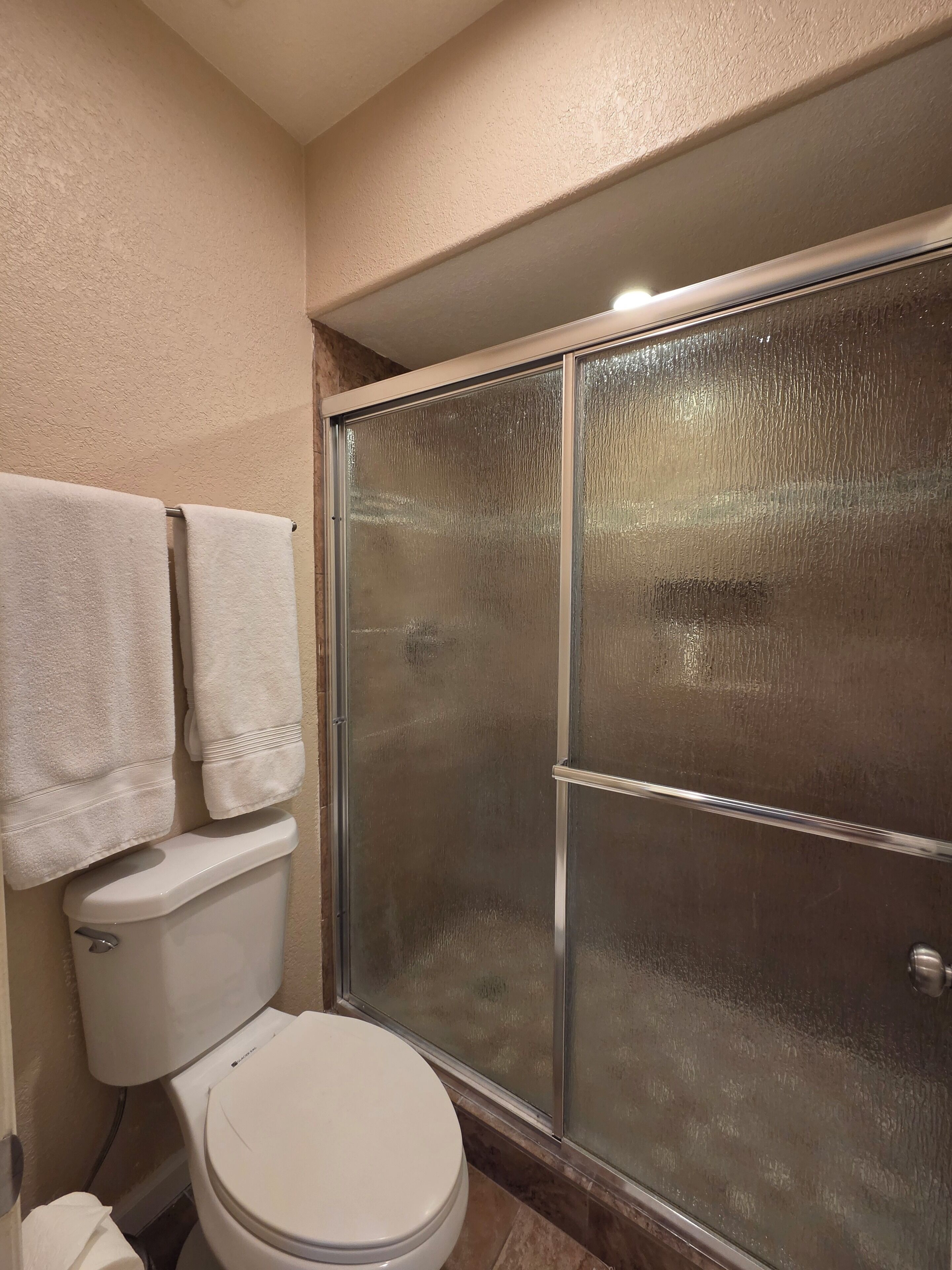 A bathroom with a toilet, a shower enclosure, and two towels hanging on the wall.