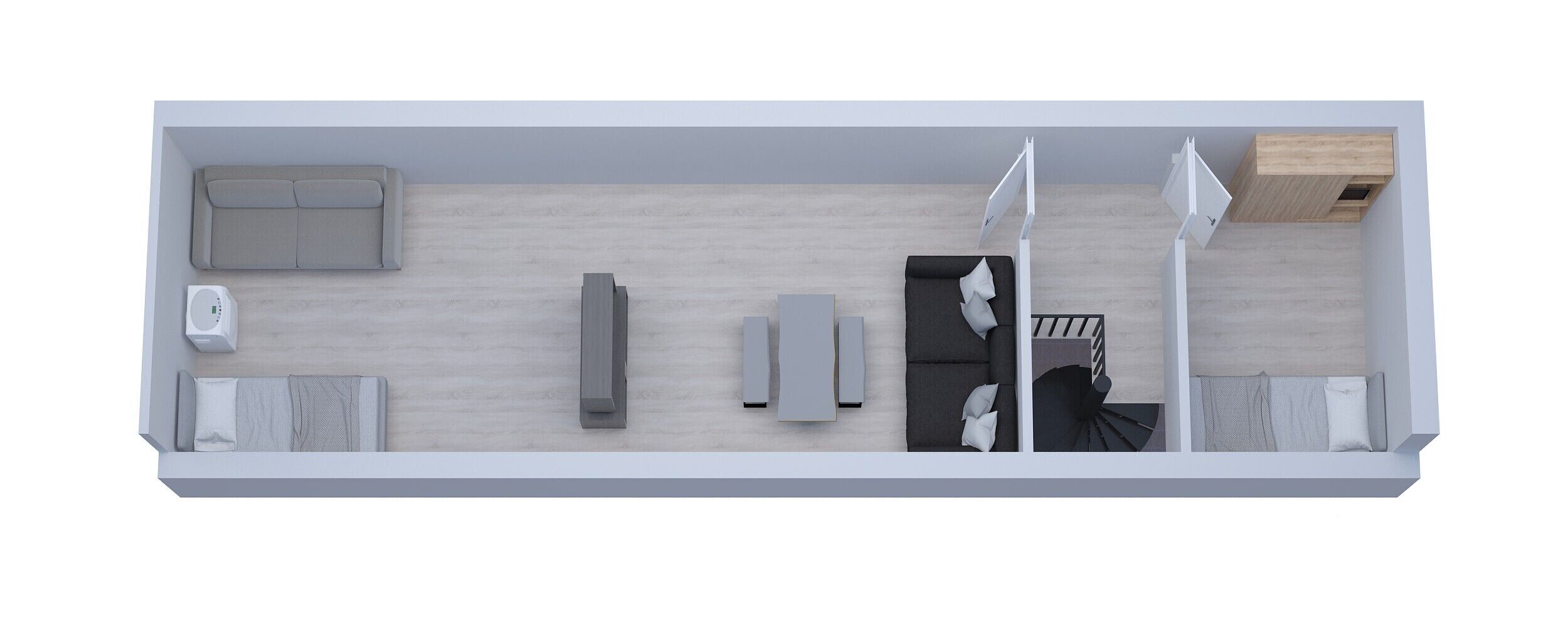 En modern hotellrumsinredning med en soffa, ett skrivbord, en stol, en säng och ett litet bord.