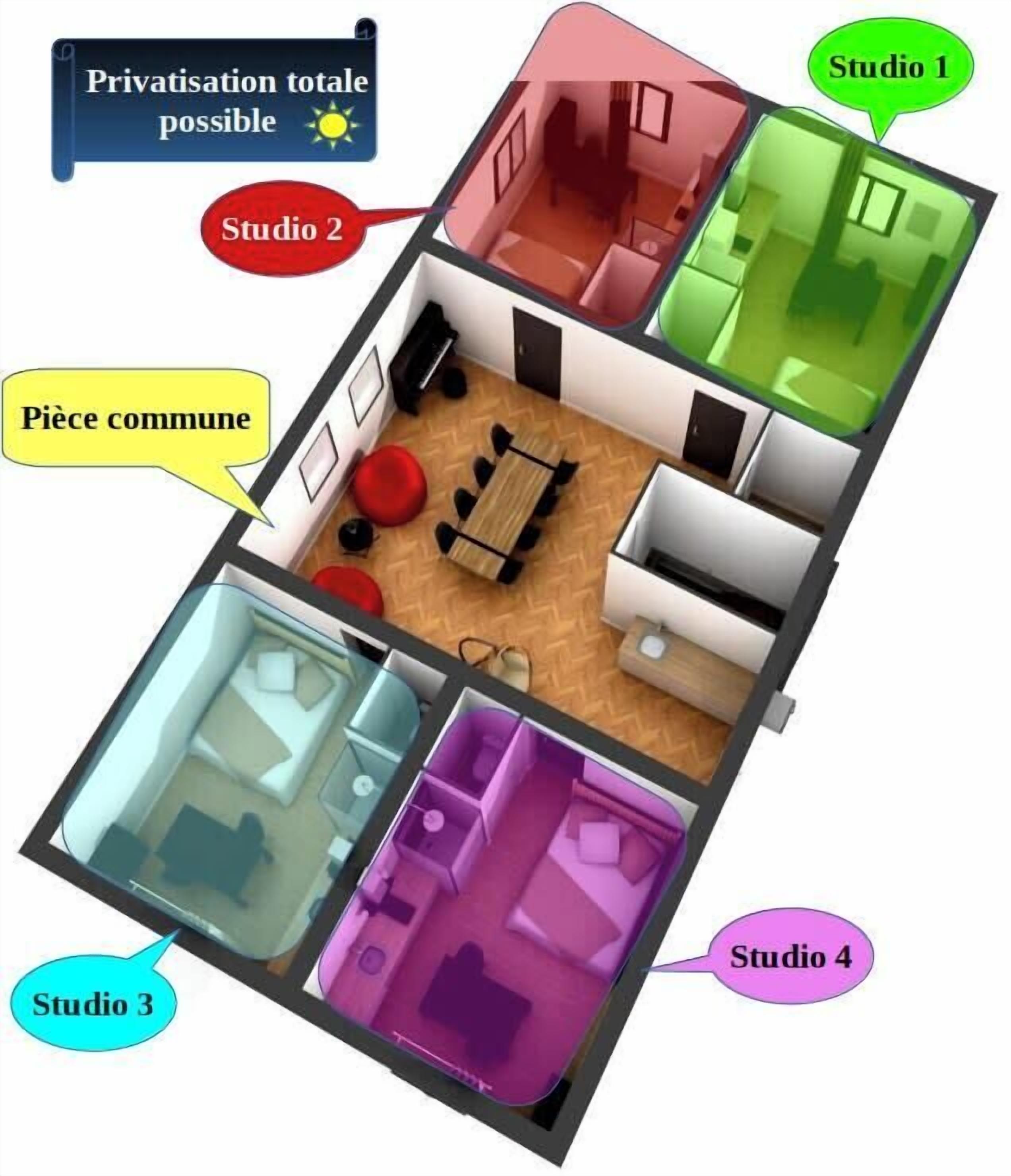 Pianta tridimensionale di un appartamento polistudio con area comune, Studio 1, Studio 2, Studio 3 e Studio 4.