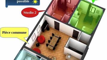 A 3D layout of a multi-studio apartment with a common area, Studio 1, Studio 2, Studio 3, and Studio 4.