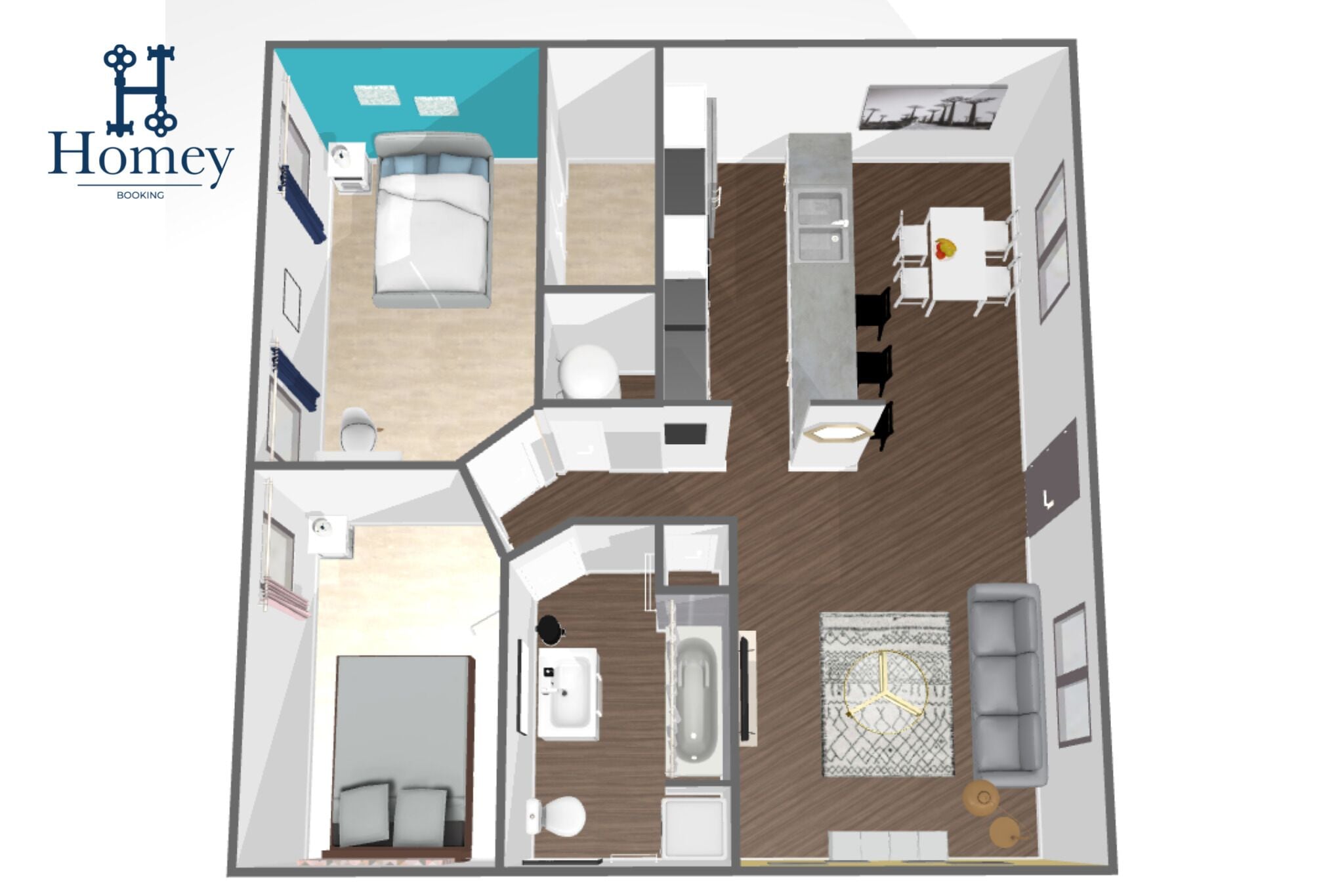 A floor plan of a hotel room with a bed, a bathroom, a living area with a sofa and a coffee table, and a dining area with a table and chairs.