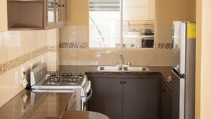 Una cocina compacta con estufa a gas, un lavabo y un refrigerador.