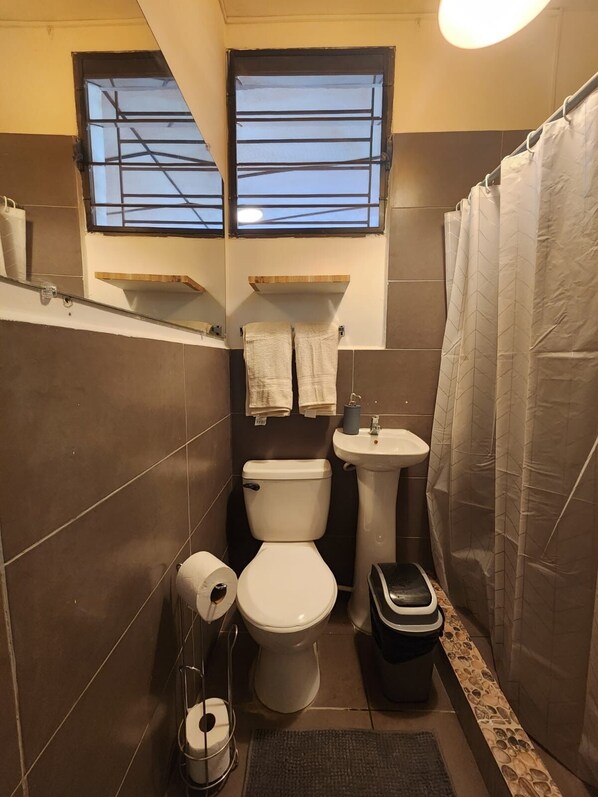 Et lille badeværelse med toilet, vask og badeforhæng.