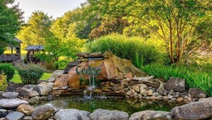 A garden with a pond, rocks, and a wooden structure labeled 'Cedar Falls'.