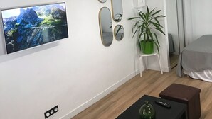 A modern living room with a flat-screen TV, a small table with a tissue box and remote, a potted plant, and a bed with a grey cover. - Charming 25m2 studio close to CDG airport, Parc Astérix, sandy sea, (Louvres)