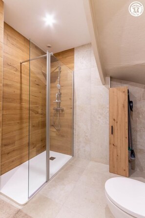 Douche, séchoir à cheveux, serviettes fournies
