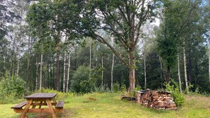 A picnic table and a stack of firewood in a forest. - Stunning home in Sjötofta with sauna (Sjötofta)