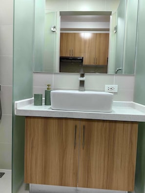 Hair dryer, bidet, towels, soap