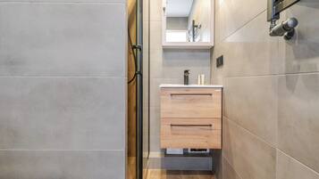 Shower, hair dryer, towels