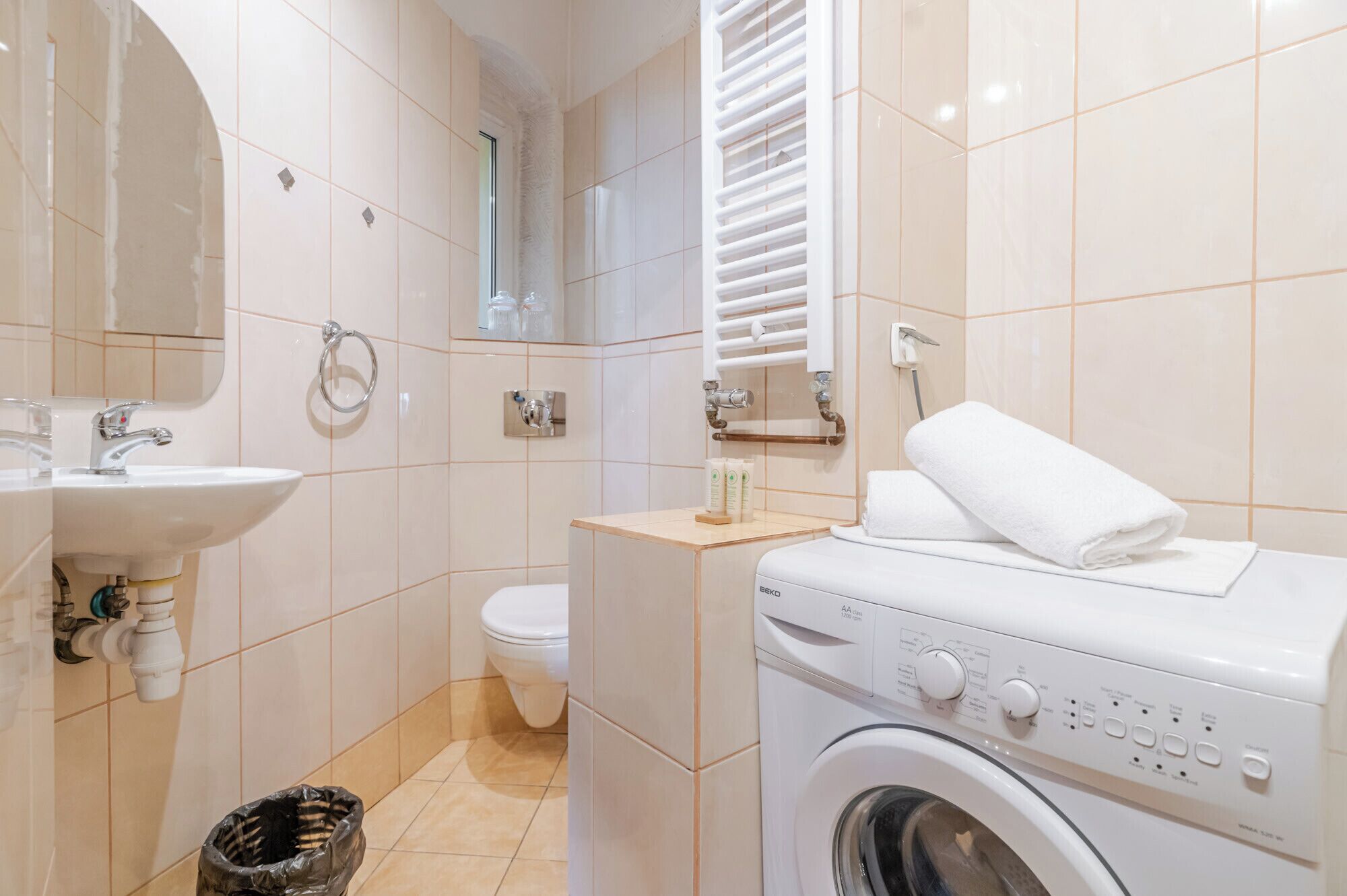 Une petite salle de bain comprenant un lavabo, des toilettes et un lave-linge.