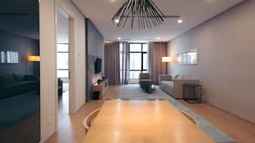 Desk, laptop workspace, blackout curtains, iron/ironing board