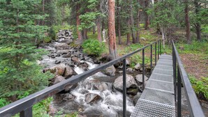 A metal bridge over a rocky stream in a forested area.