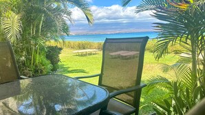 Una mesa de vidrio con vistas a un área verde y un cuerpo de agua.