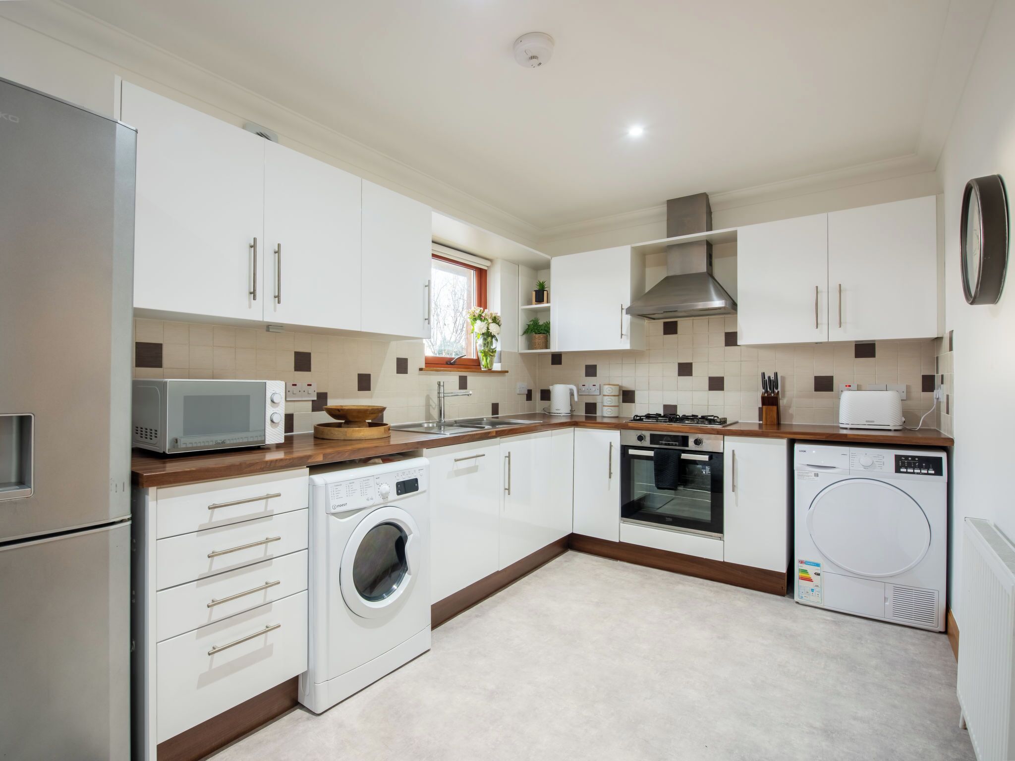 Fridge, microwave, oven, toaster