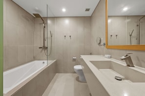 Hair dryer, towels, soap, toilet paper