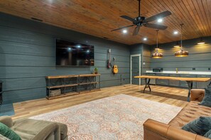 Smart TV, fireplace, books